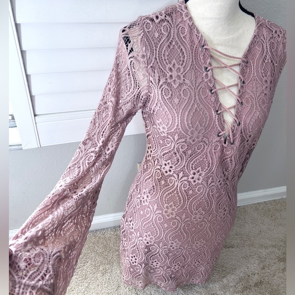 Womens Long Bell Sleeve Dress size M Pink Lace Up Fairy Cottage Coquette Midi - Picture 3 of 9
